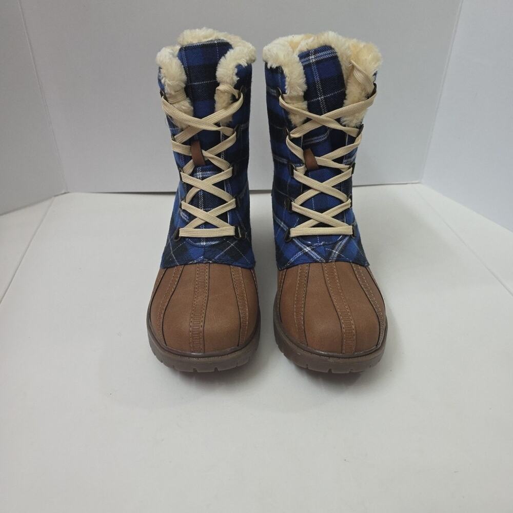 Plaid Lace-Up Winter Duck Boots w/ Faux Fur Lining Size 9.5 Brown & Blue - Picture 5 of 10